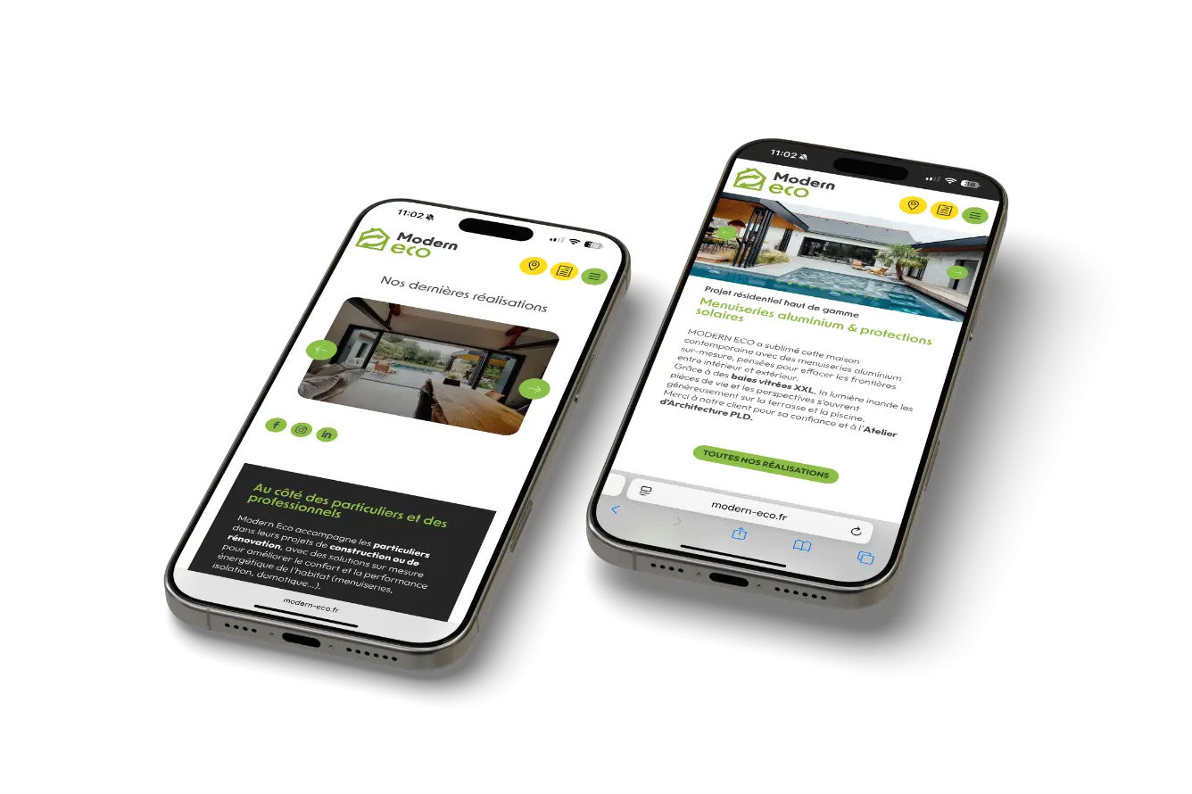 dbw-agence-web-mockup-site-modern-eco-mobile Vue mobile du site web Modern Eco sur smartphone, mise en situation de la version responsive développée par DBW, agence digitale à Angers.