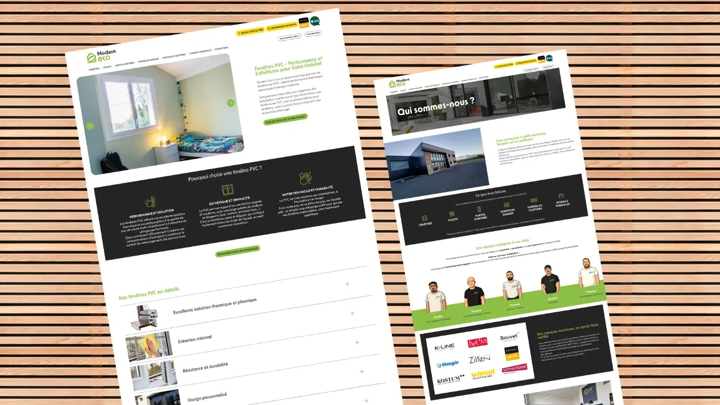 dbw-web-design-site-desktop-pages-internes-modern-eco Pages internes du site Modern Eco : présentation des prestations menuiserie, équipe et produits, design DBW