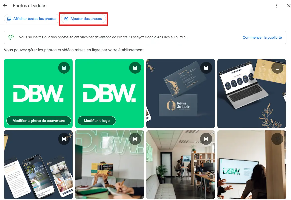 Exemple d’ajout de photos professionnelles sur une fiche Google My Business, conseillé par DBW pour améliorer le référencement local à Angers.