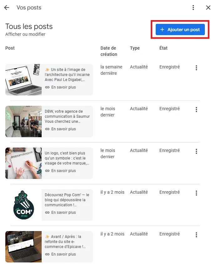 Interface Google My Business montrant comment ajouter un post sur la fiche d’établissement, par DBW agence de communication à Beaucouzé près d’Angers.