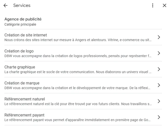 Exemple d’ajout et d’optimisation des services dans une fiche Google My Business, réalisé par DBW, experte en référencement local à Angers.