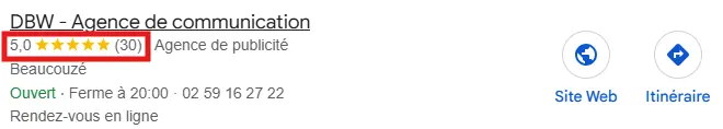 Fiche Google My Business de DBW affichant une note moyenne de 5 étoiles à Beaucouzé, symbole de la satisfaction client et de l’impact des avis positifs sur la croissance d’une entreprise locale.