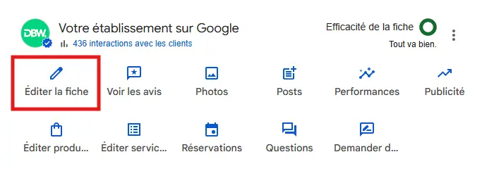 Capture d’écran illustrant la section d’édition d’une fiche Google My Business, montrant comment renseigner correctement ses informations avec DBW.