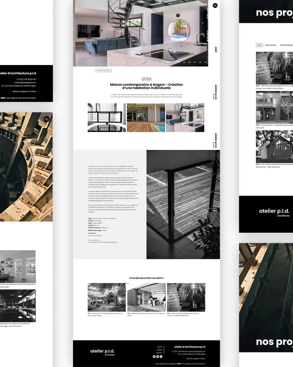Direction artistique et univers digital développés par DBW à Beaucouzé pour l’Atelier PLD à Angers. Design épuré inspiré du Bauhaus et du brutalisme architectural.