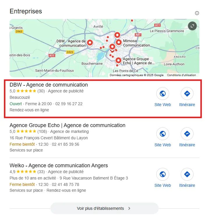 Exemple concret de fiche Google My Business optimisée pour DBW, agence de communication à Beaucouzé près d’Angers.