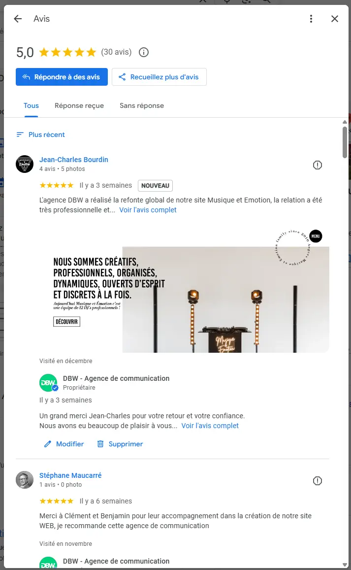 Vue des avis clients et réponses professionnelles sur une fiche Google My Business, illustrant la gestion des avis par DBW à Beaucouzé.