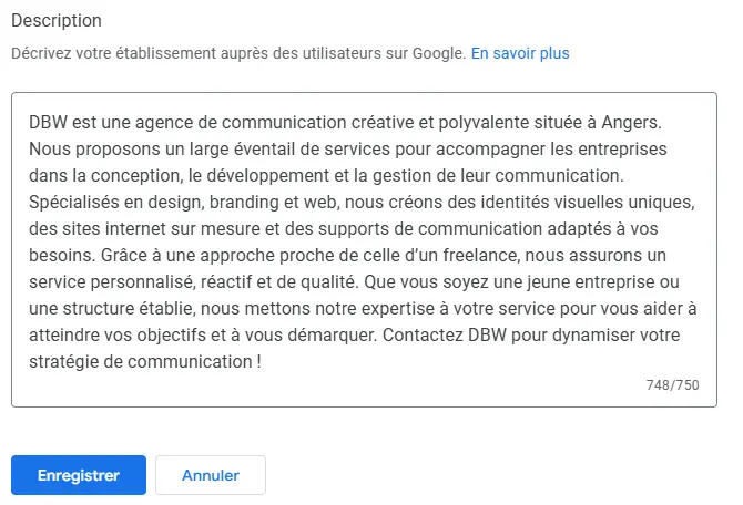 Exemple de description d’entreprise optimisée sur une fiche Google My Business, proposée par DBW, agence de communication à Angers.