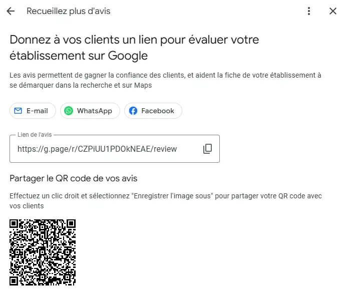 Exemple de lien et QR code à partager pour collecter des avis Google, outil essentiel pour les entreprises souhaitant améliorer leur référencement local, présenté par DBW, agence web à Angers.