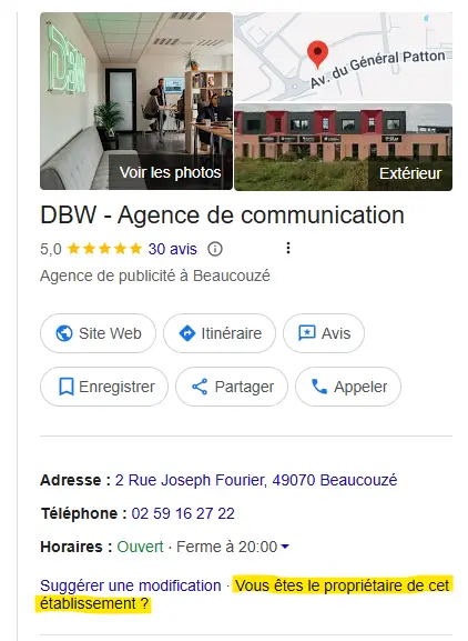 Étape de revendication et de vérification d’une fiche Google My Business, tutoriel illustré par DBW, agence web à Angers spécialisée en SEO local.