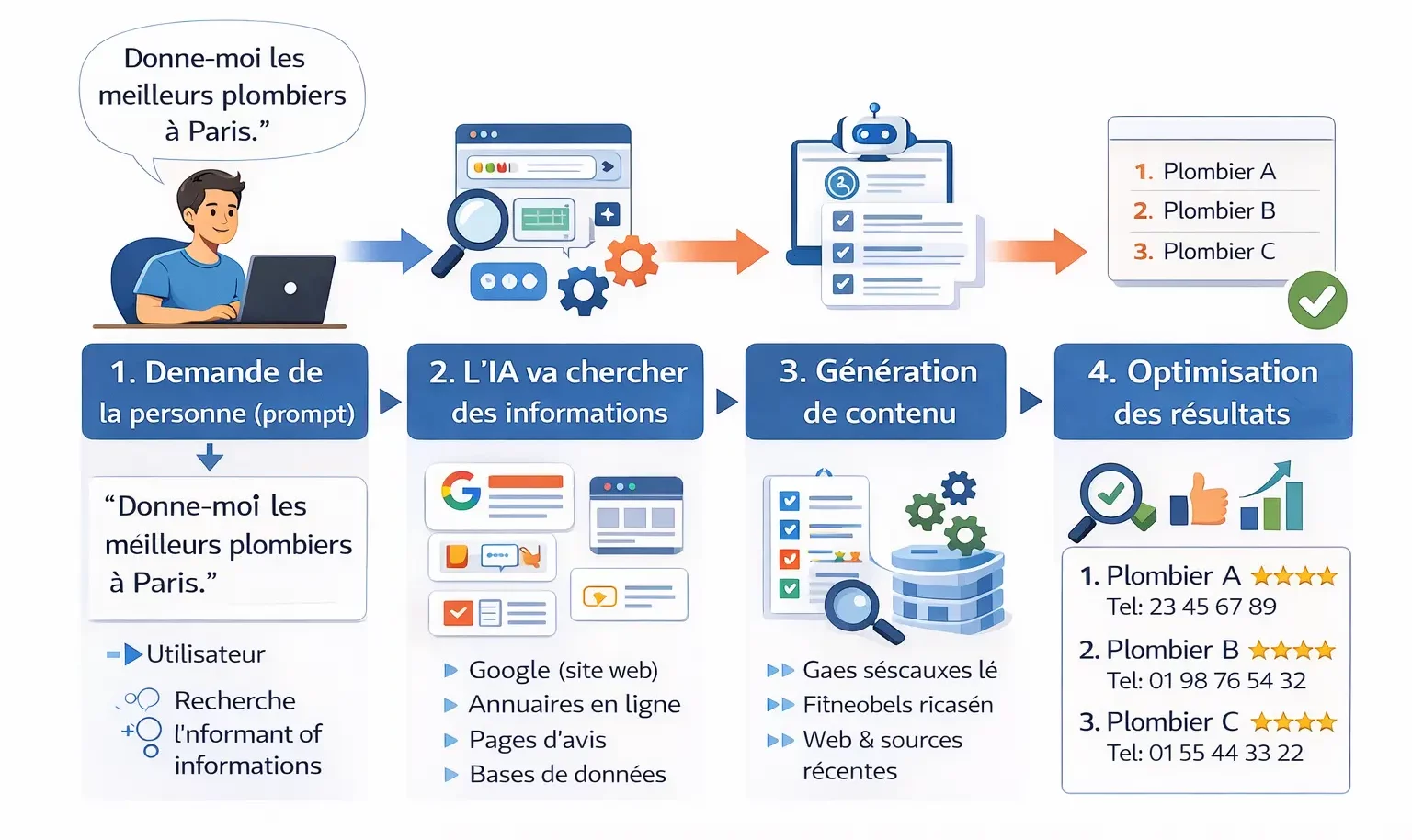Schéma explicatif de la Generative Engine Optimization (GEO), ou optimisation pour les moteurs d’IA générative, illustrant le processus complet utilisé par DBW, agence de communication à Beaucouzé près d’Angers.