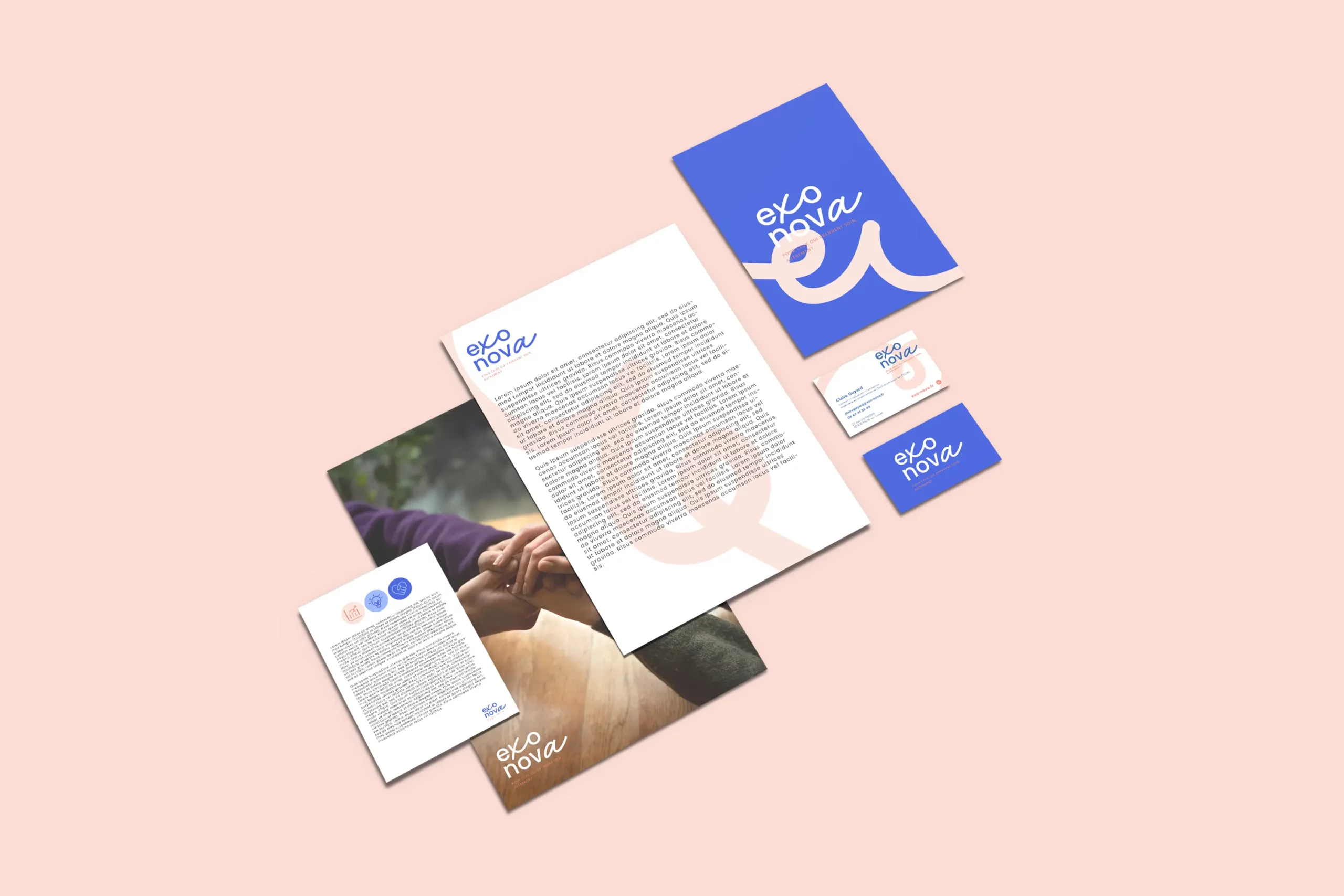 Supports print et charte graphique EXO NOVA conçus par DBW, agence de communication à Saumur, pour renforcer la cohérence visuelle et la lisibilité de l’identité médico-sociale à l’échelle régionale.