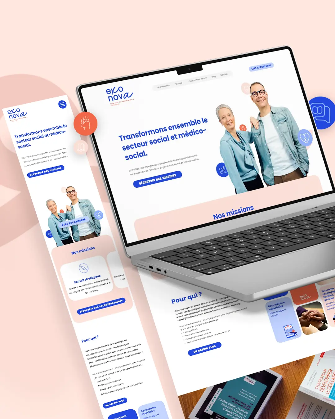 Page d’accueil du site Exo Nova réalisée par l’agence DBW à Angers – mise en avant des missions, accompagnements et valeurs de la structure.