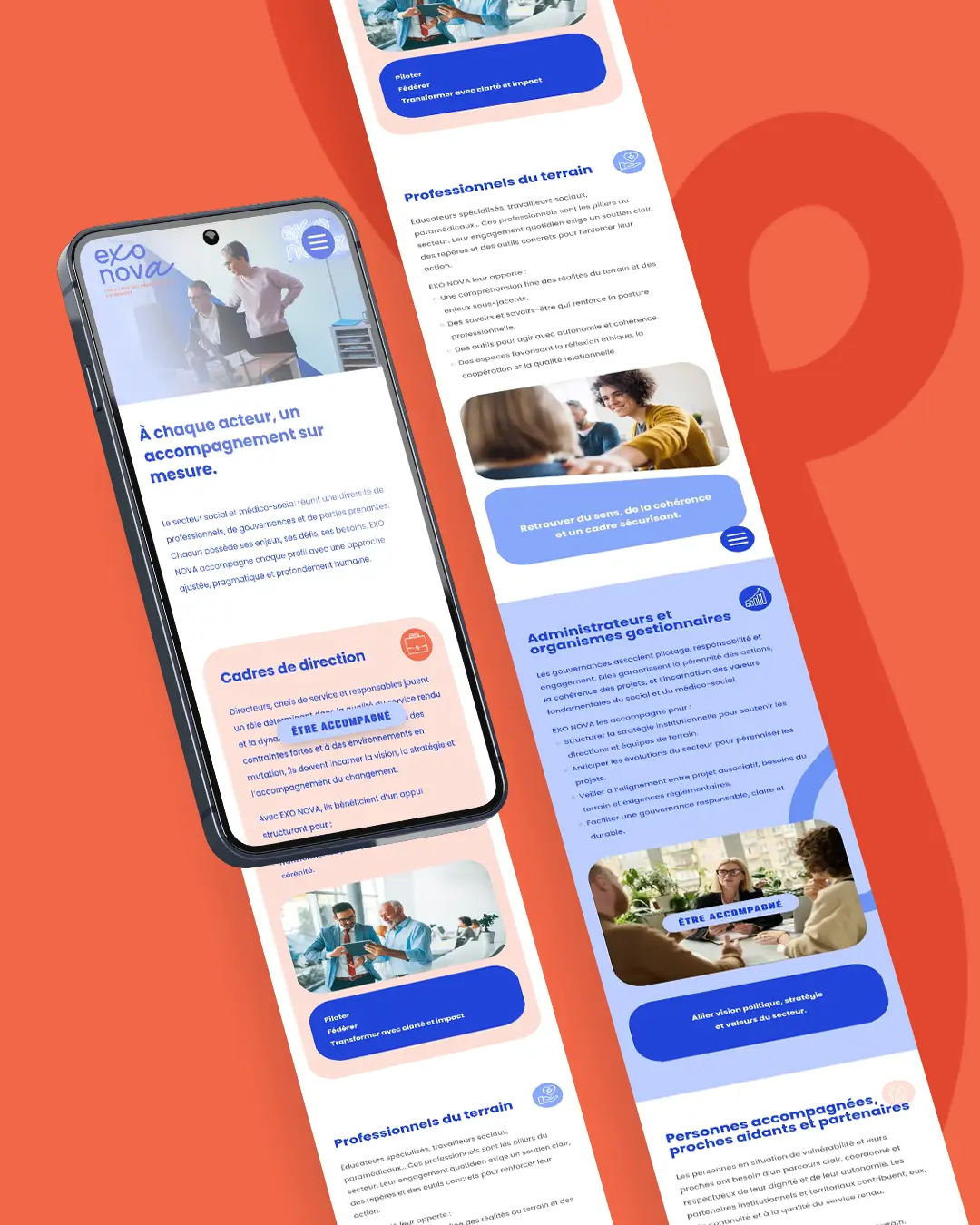 Version mobile du site Exo Nova réalisée par DBW à Angers – interface claire et responsive adaptée aux usages du secteur social et médico-social.